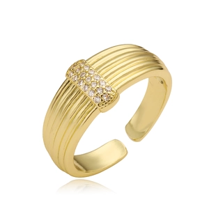 18K gold plated copper geometric open ring with ribbed band and paved cubic zirconia