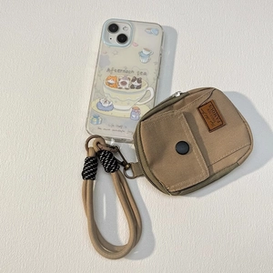 British style khaki canvas mini wallet and earphone case with woven wristlet strap