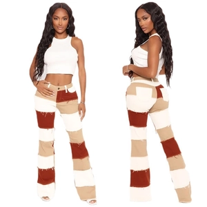 Patchwork Schlagjeans Für Damen Hohe Taille Colorblock Denim Hose Slim Fit Streetwear Rohkante