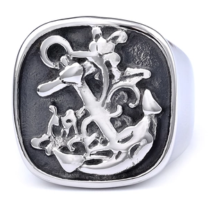Punk style silver stainless steel signet ring with embossed anchor detail and rope patterns