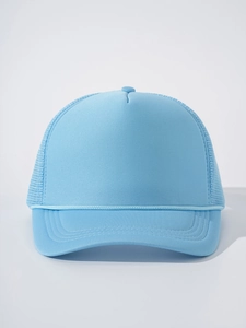 Detailed front view of light blue trucker hat with foam crown and mesh panels