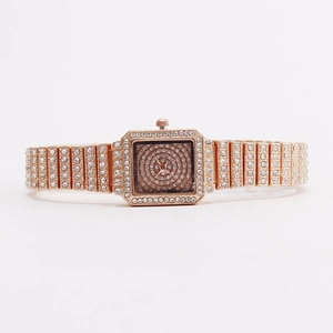 Fashionable rose gold square ladies watch with full diamond setting and crystal bracelet