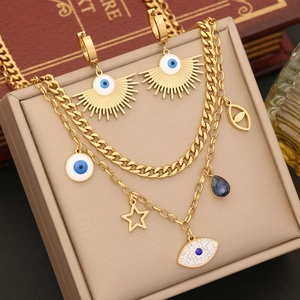 Layered Evil Eye Necklace Star Pendant Stainless Steel Gold Plated Enamel Rhinestone Accessory For Women