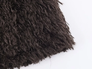 Close-up of the plush texture and dark grey faux fur fabric on this women's coat