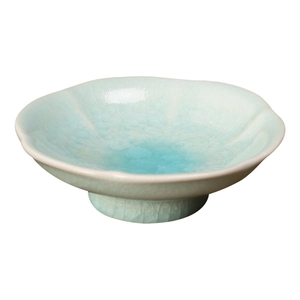 Celadon ceramic six-petal snack plate with ice crack glaze and high foot stand base