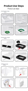 Three-step guide for PE film jewelry box assembly with outer sleeve and gift bag