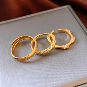 Bague Ouverte En Cuivre Plaqué Or Joint De Bambou Vintage Ajustable Bijoux Incrustés De Zircon Femme