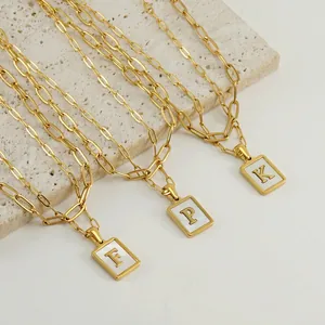 Initial Letter Pendant Necklace Stainless Steel 18K Gold Plated White Shell Square Layered Paperclip Chain For Women