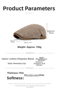 Detailed size chart and material specs for brown herringbone newsboy cap for men