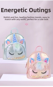 Detail of sequin unicorn backpack showing the liquid glitter pocket and holographic finish