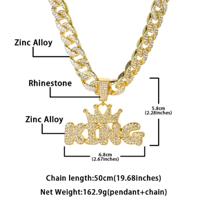 Hip hop gold Cuban chain with iced-out KING crown pendant and rhinestone inlay details