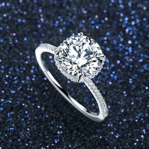 Classic S925 sterling silver four-prong round zircon engagement ring with pavé stones