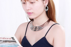 Close-up of a silver hollow star choker and earring set on a model for a bold fashion look
