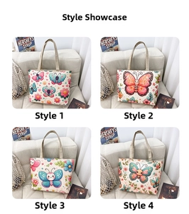 Detail view of four canvas tote bags with colorful cartoon butterfly prints on a sofa