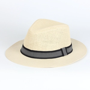 Cappello fedora in paglia beige con nastro a quadretti per la spiaggia in estate
