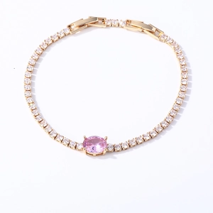 Detail of tennis bracelet with square zircons and a central pink oval gemstone