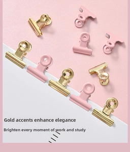 Close-up of golden and macaron pink binder clips on a textured background