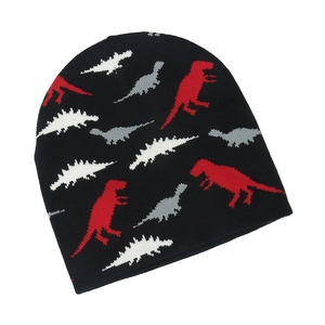 Black knit beanie featuring red and white dinosaur jacquard patterns for winter warmth