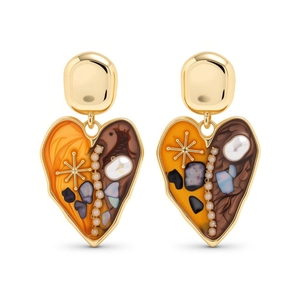 Vintage heart earrings with pearls, colorful shell stones, and gold enamel finish