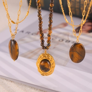 Retro tiger eye stone pendant necklaces with gold chain and beaded design for women