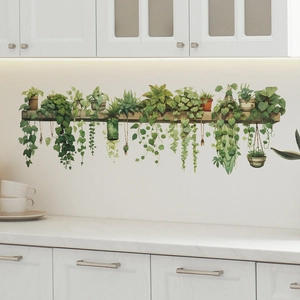 Realistic green plant wall sticker depicting potted greenery on a wooden shelf for home decor