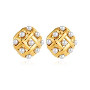 Elegant 18k gold hollow woven ball stud earrings with white pearl accents for women