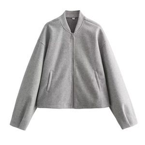 Detailed close-up of light gray zip-up jacket with textured fabric and metal zipper