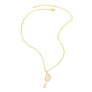 Elegant gold tennis racket necklace featuring white cubic zirconia on a minimalist O-chain