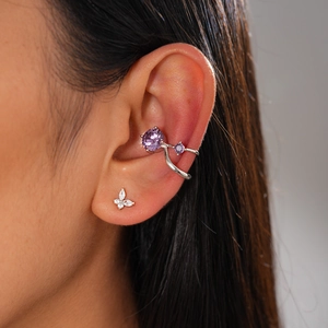 Double layer zircon ear cuff and butterfly stud earring set on model for elegant look