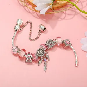 Silver plated DIY charm bracelet with pink Ferris wheel and floral glass beads