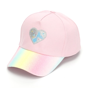 Detail of pink kids baseball cap featuring a sequined heart and rainbow glitter brim