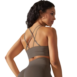Seamless ribbed sports bra with criss-cross back straps and high-waist yoga leggings set