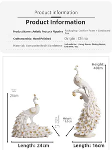 Detailed size chart of white resin peacock statues with gold dots and dimensions