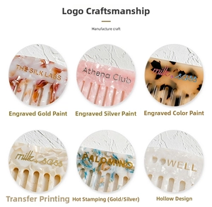 Detailed close-up showing custom logo techniques like engraving and gold foil on acetate combs