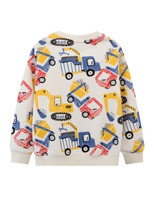 Boys cream long sleeve sweatshirt with colorful cartoon excavator all-over print