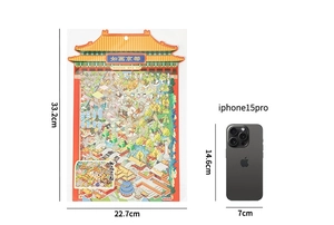Detailed view of Beijing themed PET sticker background board with size scale and phone comparison
