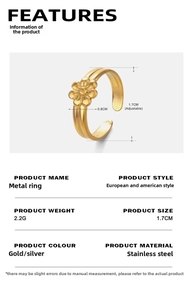 Detail shot of the adjustable 18K gold plated stainless steel flower ring dimensions