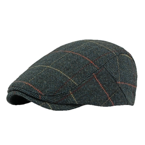 Classic British wool herringbone flat cap in navy blue with red and yellow grid pattern