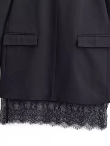 Detailed close-up of the black blazer dress showing its intricate lace hem and fabric