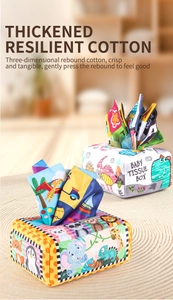 Detail of baby tissue box toy made of thickened resilient cotton with cartoon patterns