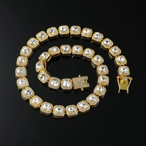 Hip hop gold plated square crystal necklace featuring multi-faceted pavé gems for men