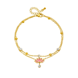 Golden double-layer anklet with pink lotus pendant and sparkling crystals for women