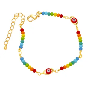Bohemian colorful beaded bracelet with three red evil eyes and adjustable gold chain