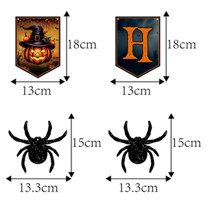 Halloween party banner and spider wall decorations with detailed size specifications