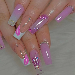 French Coffin Press On Nails Red Lips Pattern Rhinestone Heart Glitter Pink Gradient Long Ballet Fake Nails For Women
