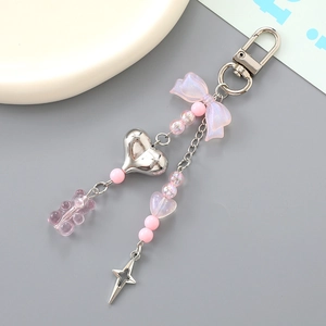 Sweet pink bear and silver heart charm keychain with resin beads for bags and keys