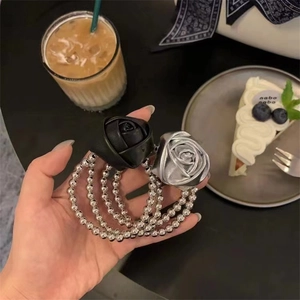Elegant rose floral hair tie with multi-layer silver beads for women's daily styling