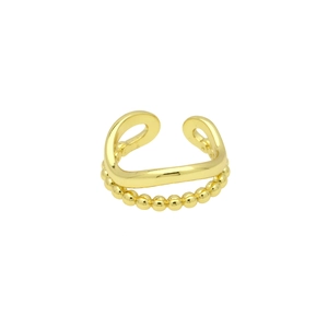 Detail of 18k gold plated double-layer open ring featuring smooth band and beaded design
