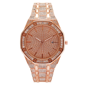 Octagonal rose gold watch with sparkling diamonds and date window display