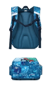 Detail view of ergonomic children's shark backpack with padded breathable mesh back support